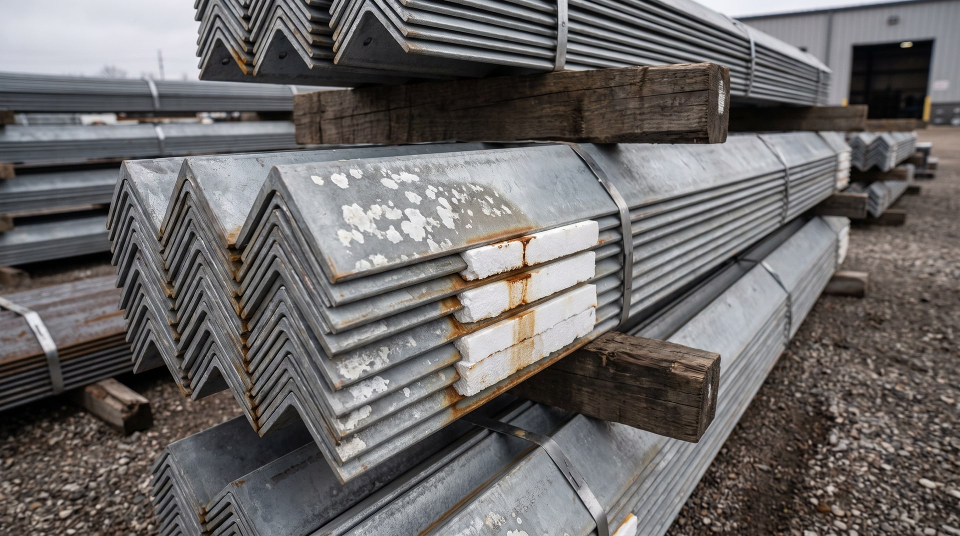 Stacks of hot-dip galvanized angle iron bundled on wooden skids in an outdoor steelyard, with white styrofoam spacers visible between nested pieces to allow air circulation.