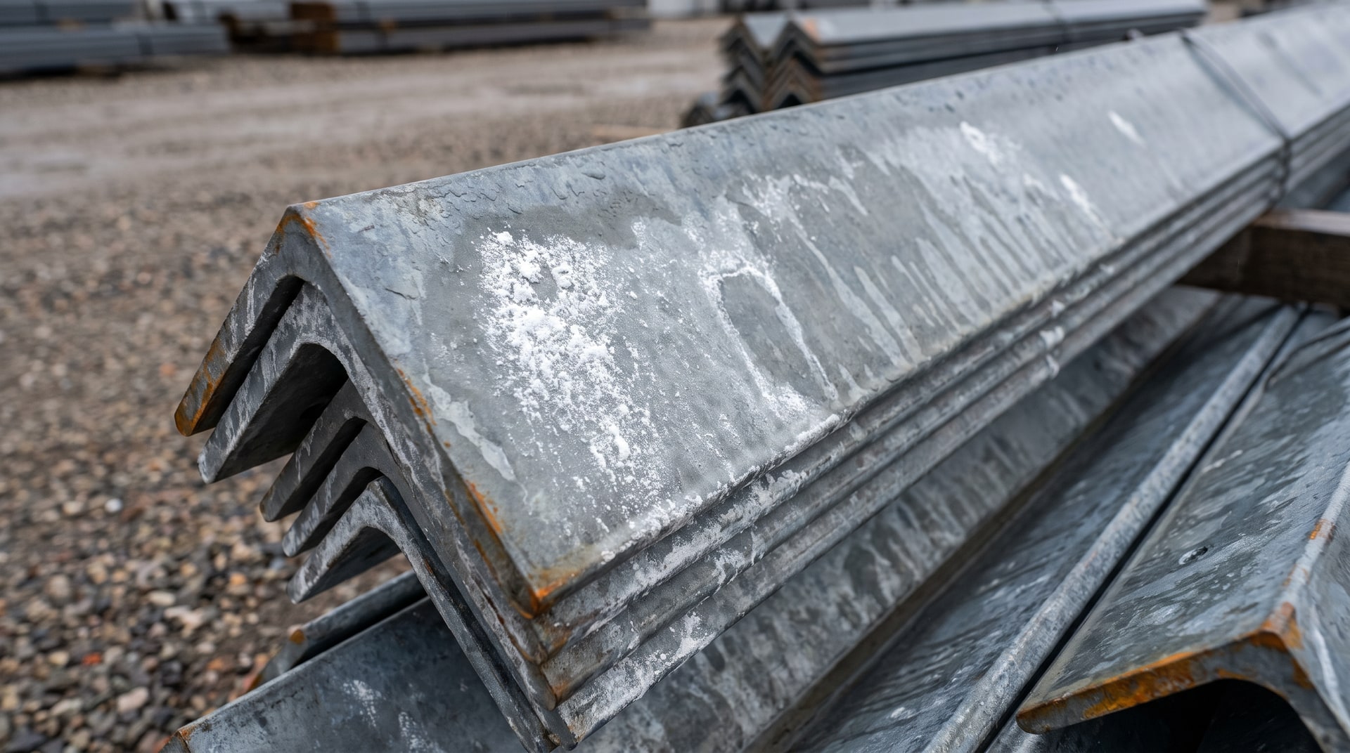 Close-up of hot-dip galvanized steel angle iron stacked flat in an outdoor storage yard showing white powdery wet storage stain on zinc surface after rain exposure.