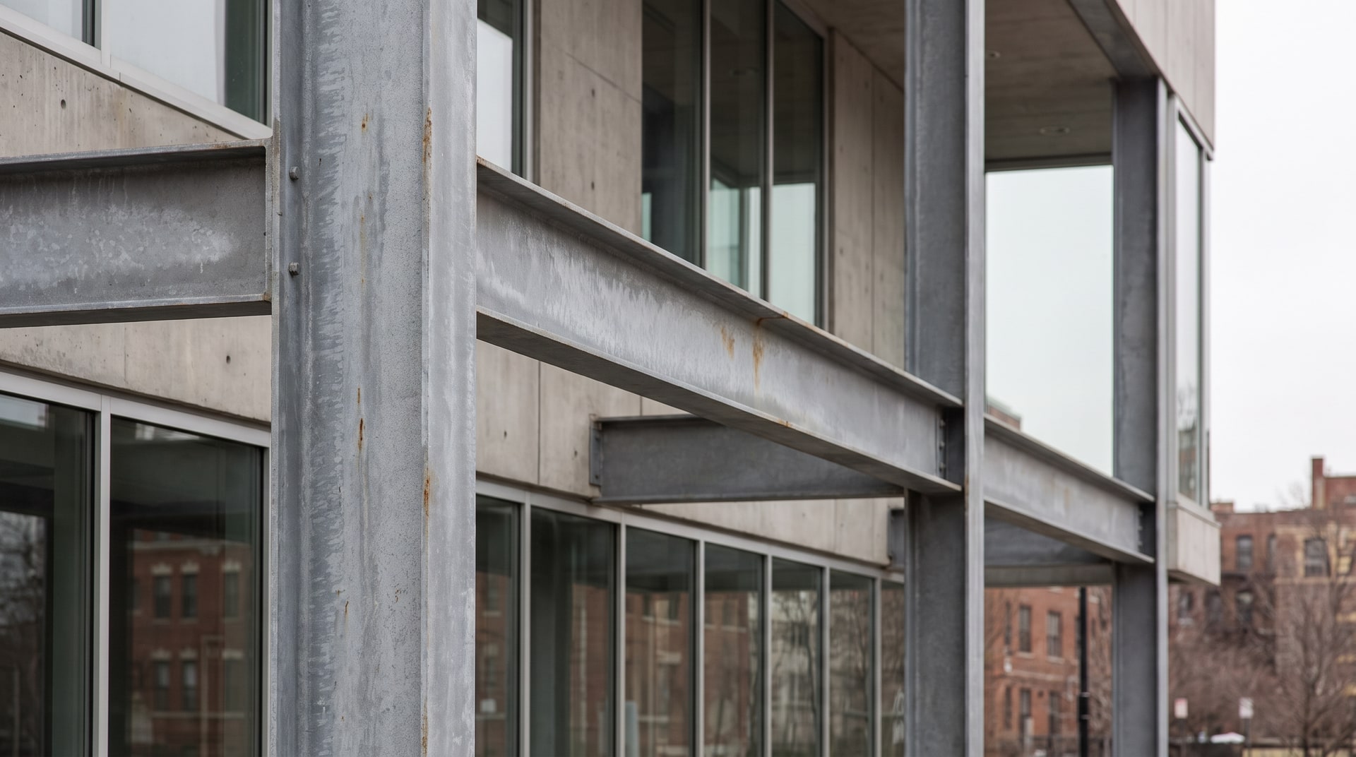 Architecturally exposed hot-dip galvanized structural steel columns and beams on a modern public building exterior, showing a uniform matte gray zinc patina after weathering.