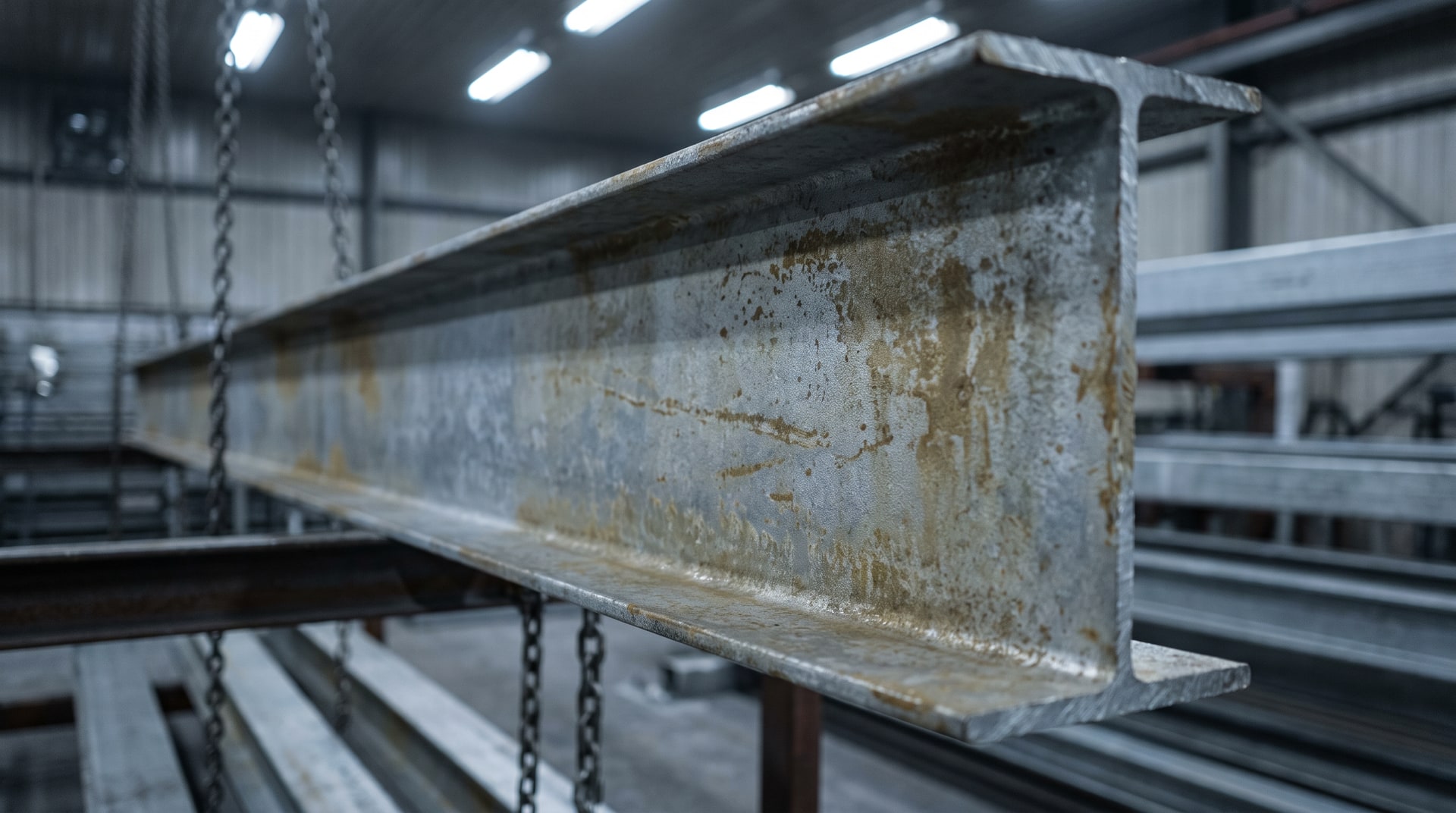 Close-up of a newly galvanized steel structural member showing yellow-brown chromate discoloration on the zinc coating surface, photographed under industrial lighting inside a galvanizing plant.