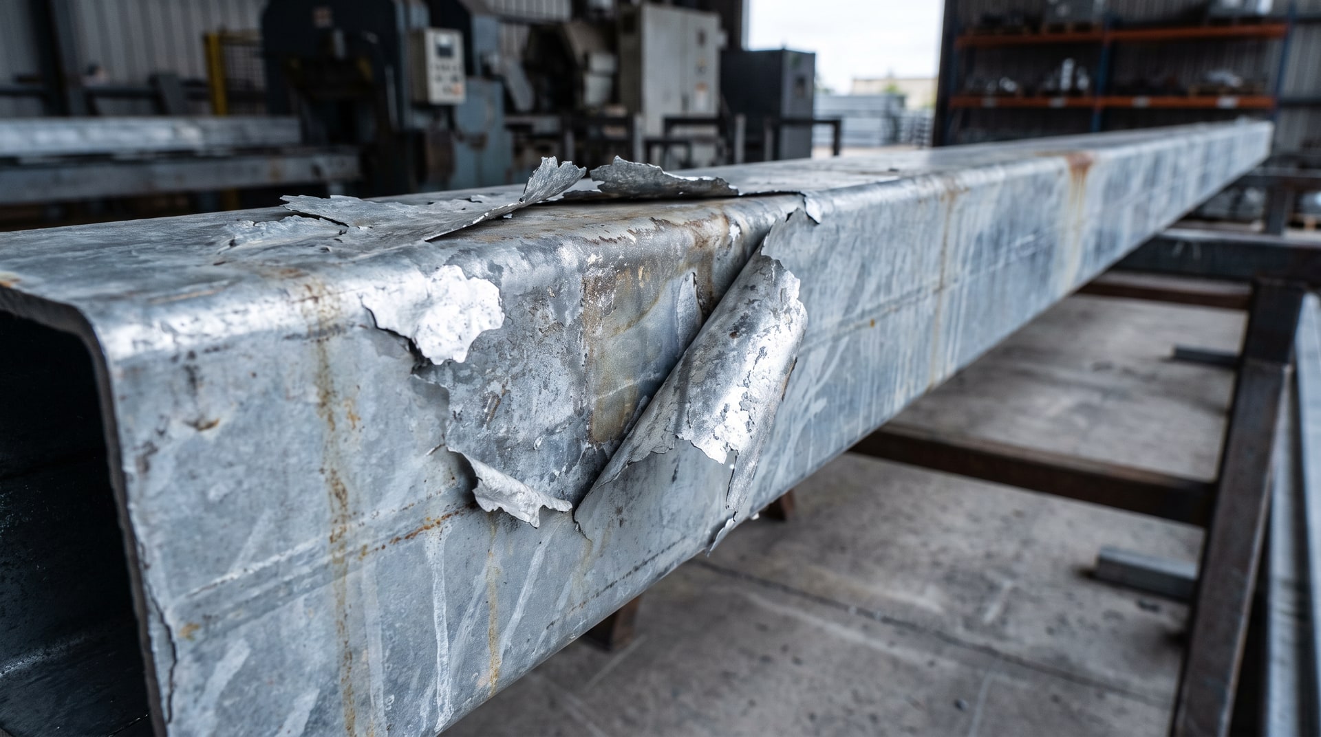 Close-up of peeling zinc coating on the outer wall of a galvanized square hollow structural section, showing separated eta-layer flakes and exposed zinc-iron alloy layers beneath, photographed in an industrial galvanizing plant.