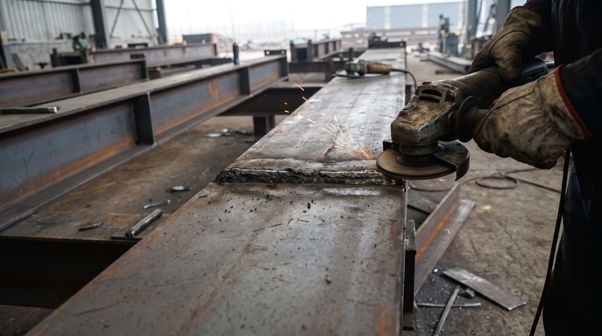 Fabricator using an angle grinder to remove weld slag from a structural steel weldment on a fabrication shop floor before hot-dip galvanizing.