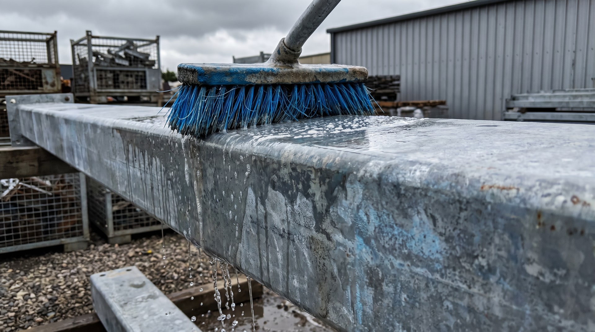Technician scrubbing a hot-dip galvanized steel beam with a nylon bristle brush and water rinse in an outdoor industrial yard, zinc coating visibly intact.