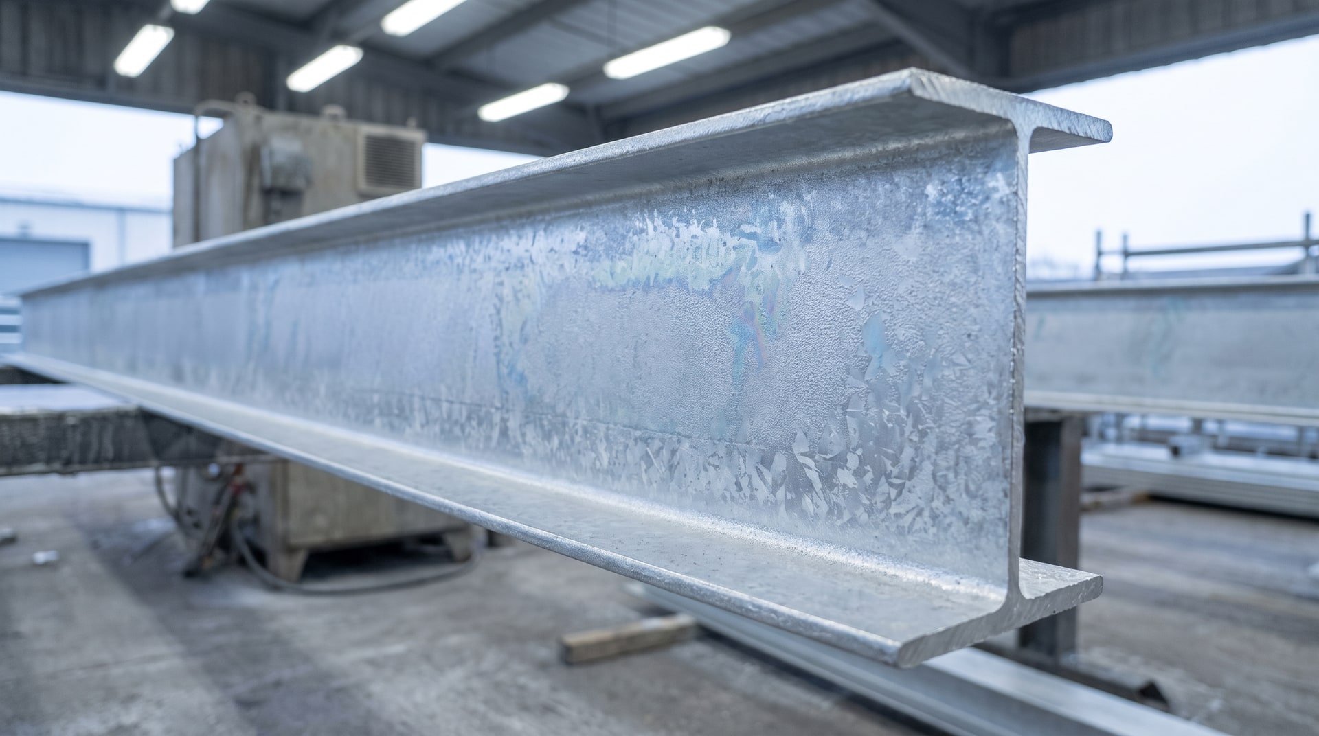 Close-up of a freshly hot-dip galvanized steel structural beam showing the bright silver passivated zinc coating surface under industrial fluorescent lighting in a galvanizing plant.