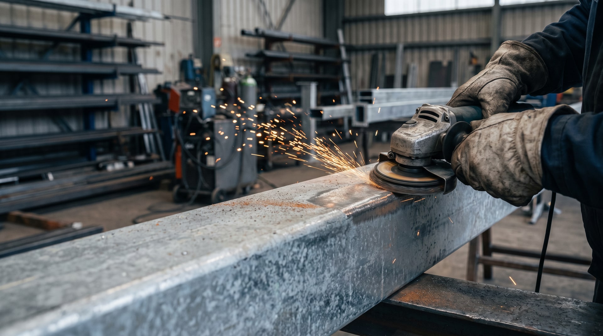 Technician using a power grinder to prepare a hot-dip galvanized steel beam surface in an industrial fabrication facility, with sparks visible against the zinc coating.