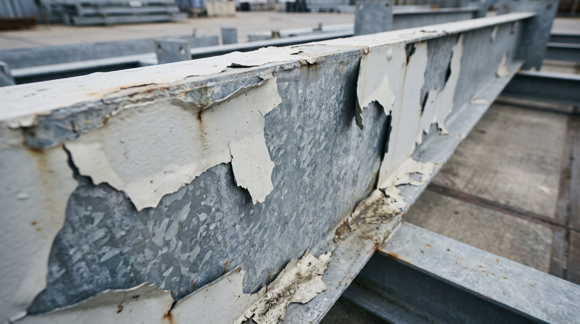 Close-up of a galvanized steel structural beam surface showing flaking paint peeling away from the zinc coating in an outdoor industrial setting.