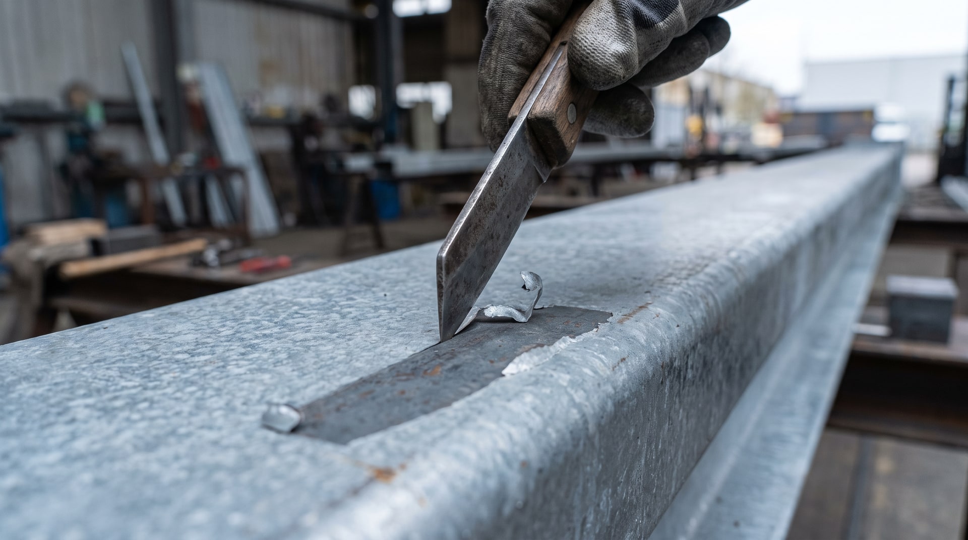 Inspector pressing a sturdy non-serrated utility knife blade firmly against a hot-dip galvanized steel surface in an industrial inspection setting, attempting to pry the zinc coating from the base steel.