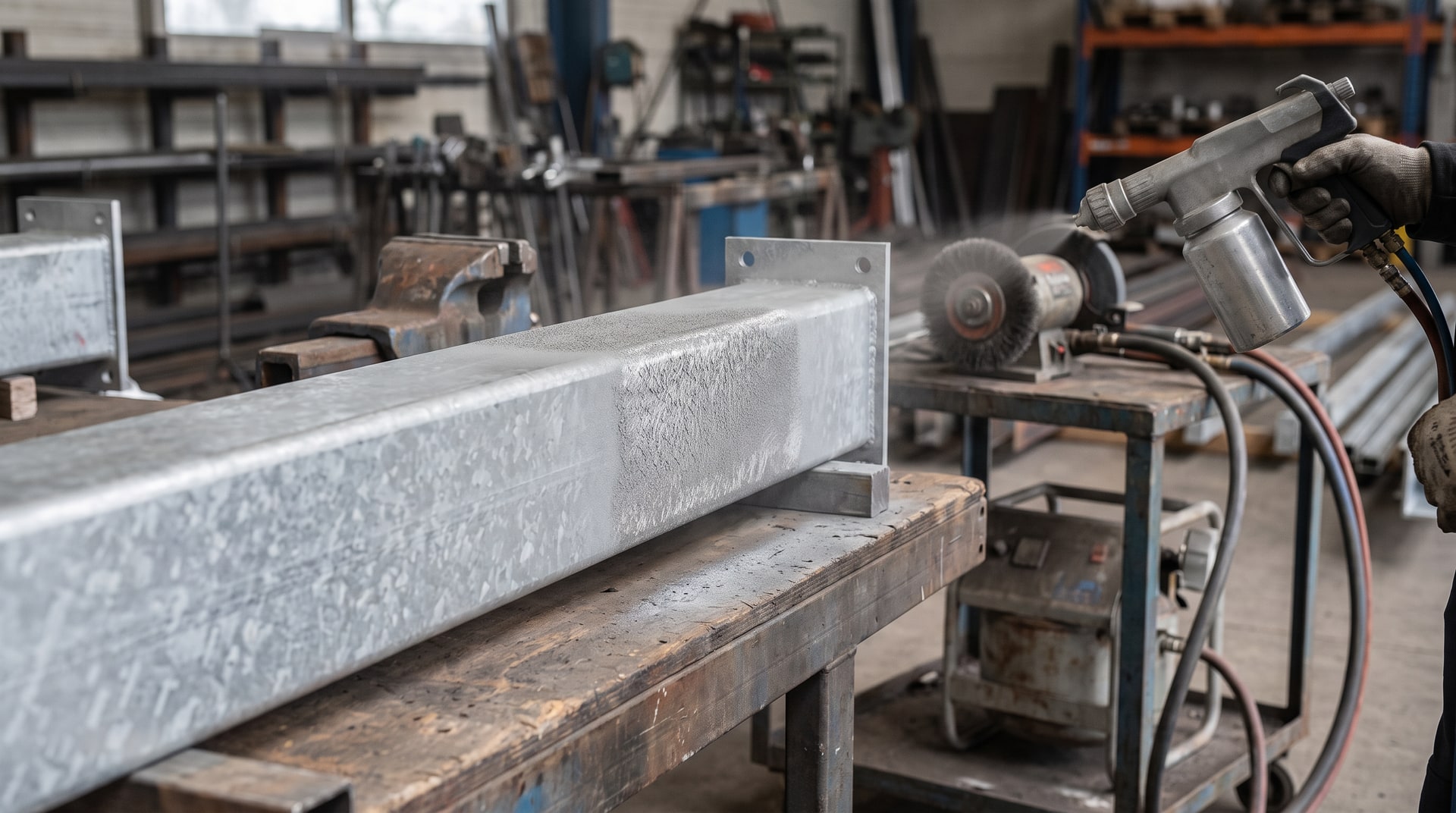 Fabrication worker applying powder coating to a hot-dip galvanized steel structural component on a workshop bench, with surface preparation equipment visible nearby.