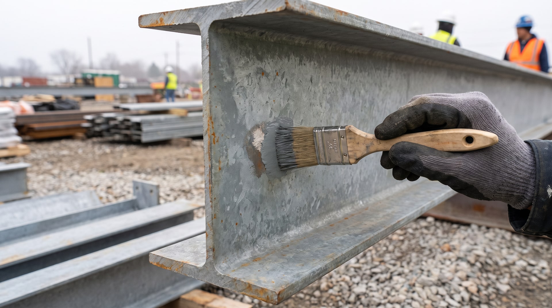 Contractor applying zinc-rich paint with a brush to a damaged area on a hot-dip galvanized structural steel beam at an outdoor construction jobsite.