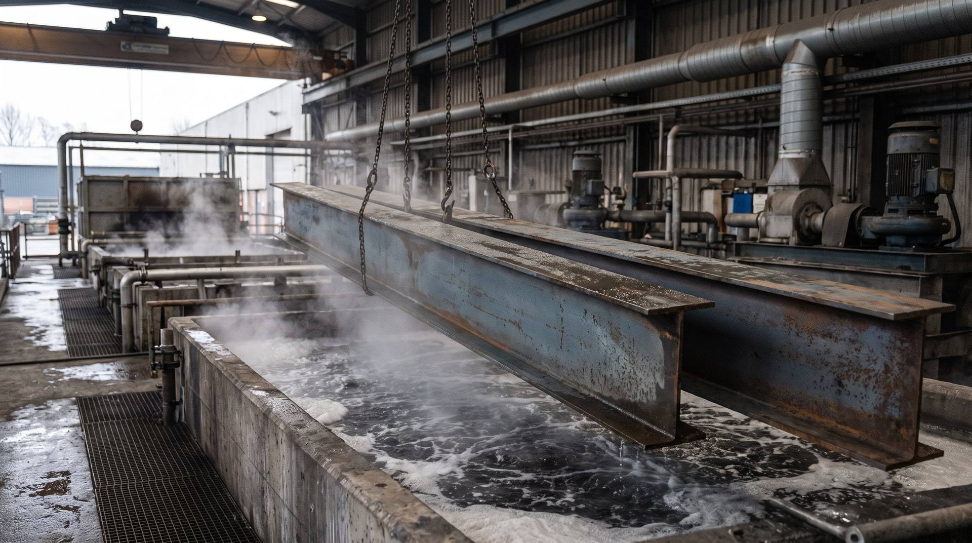 Steel fabricated structural members being lowered into a chemical cleaning bath at a hot-dip galvanizing plant, showing the acid pickling tank with visible steam and industrial equipment in the background.