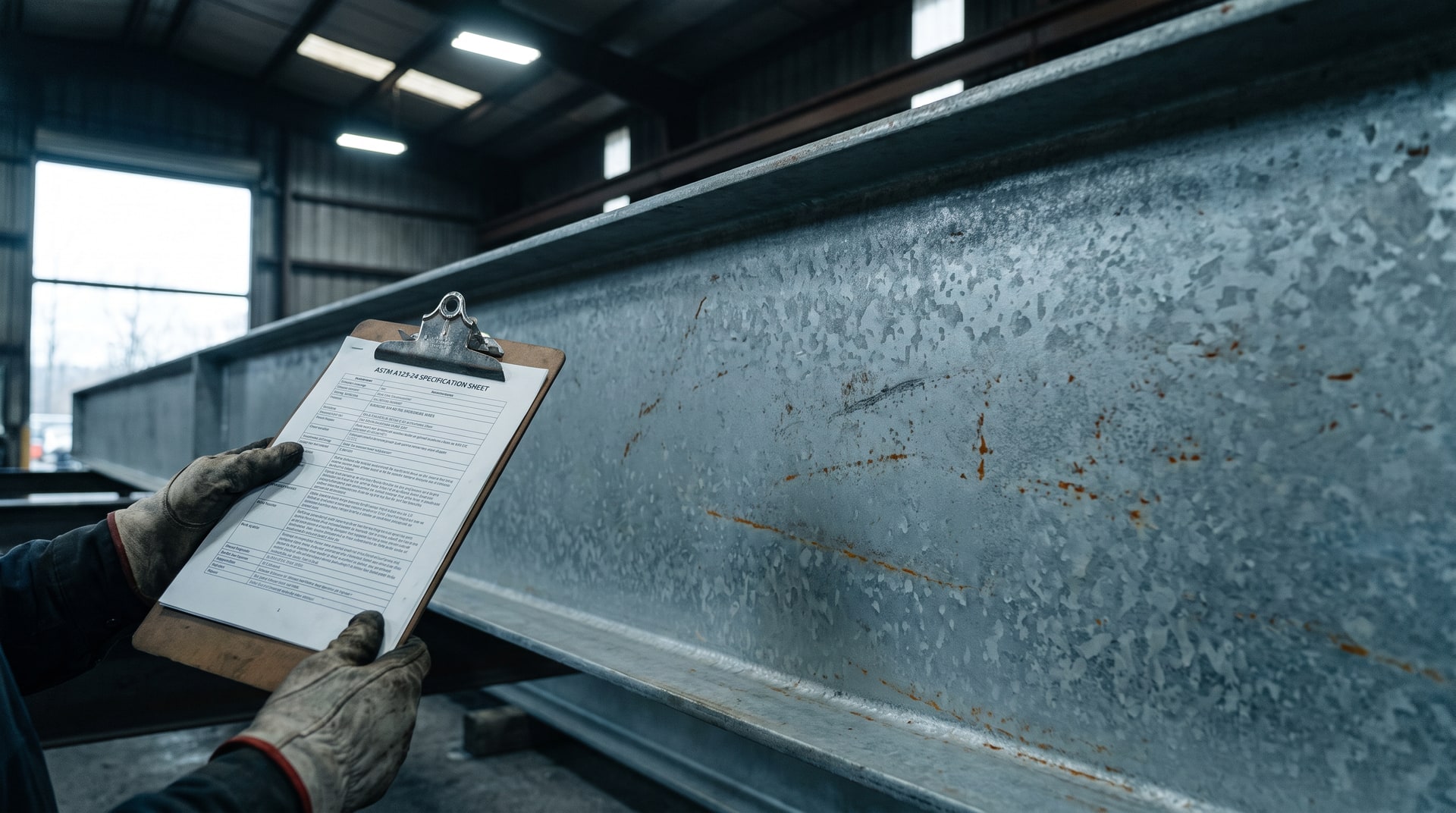 Quality inspector reviewing a freshly galvanized structural steel beam in a galvanizing plant, holding a printed specification sheet with visible zinc coating surface under bright industrial lighting.