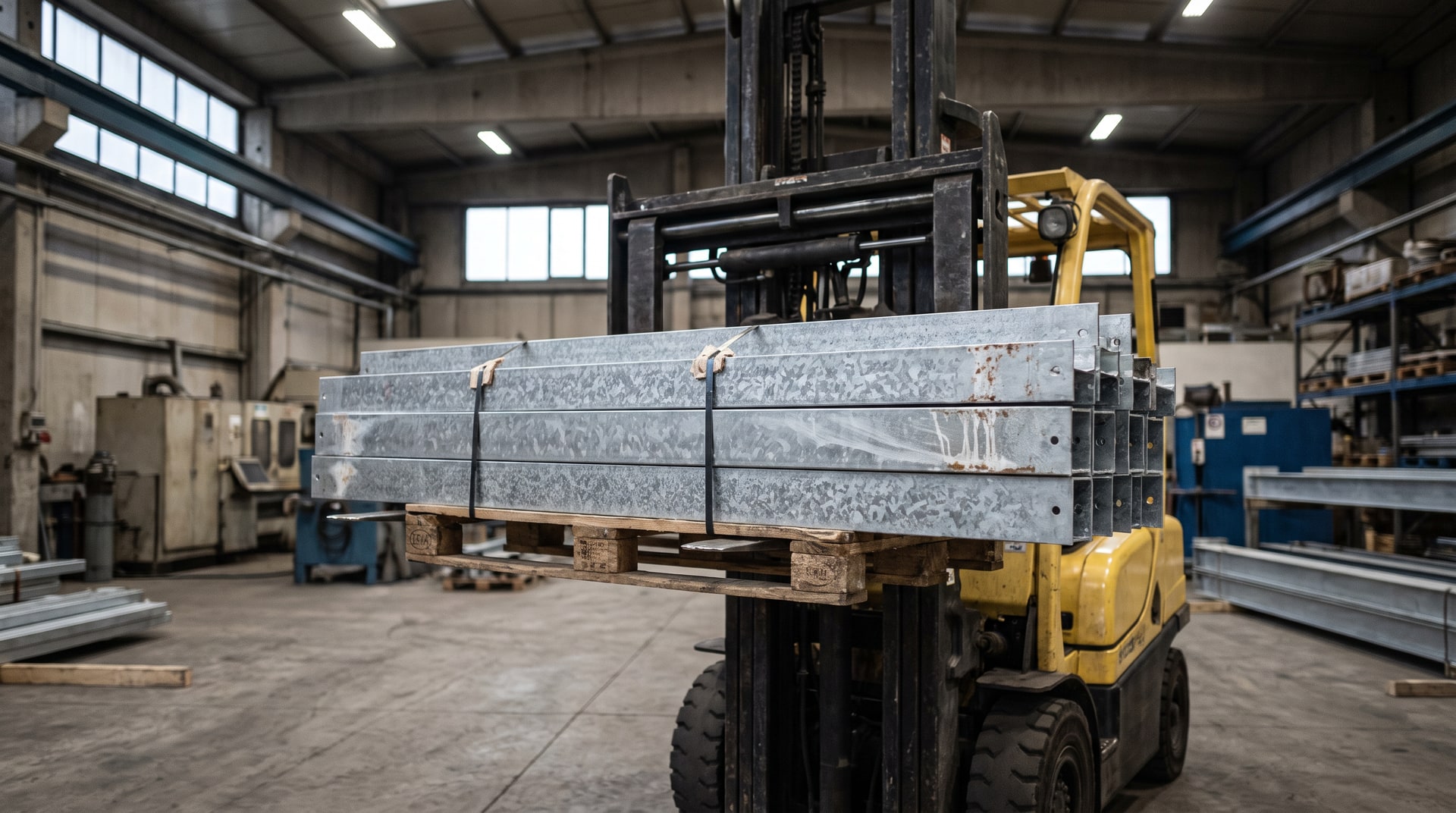 Forklift operator lifting a pallet of hot-dip galvanized structural steel members inside a galvanizing facility, showing the bright zinc surface under warehouse lighting.