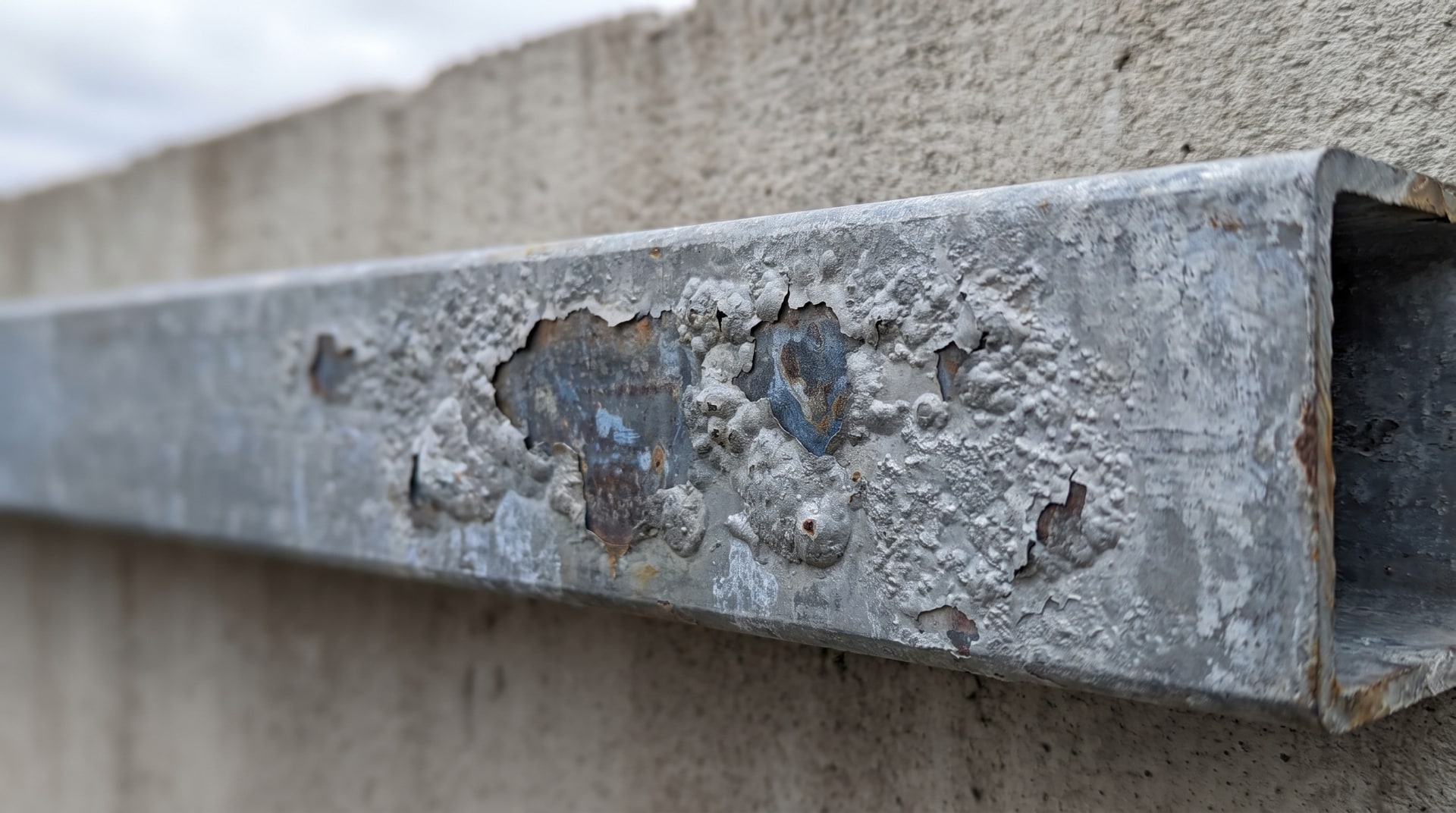 Close-up of a galvanized steel angle iron surface showing blistering and peeling zinc coating damage after overblasting, photographed in natural light against a concrete background.