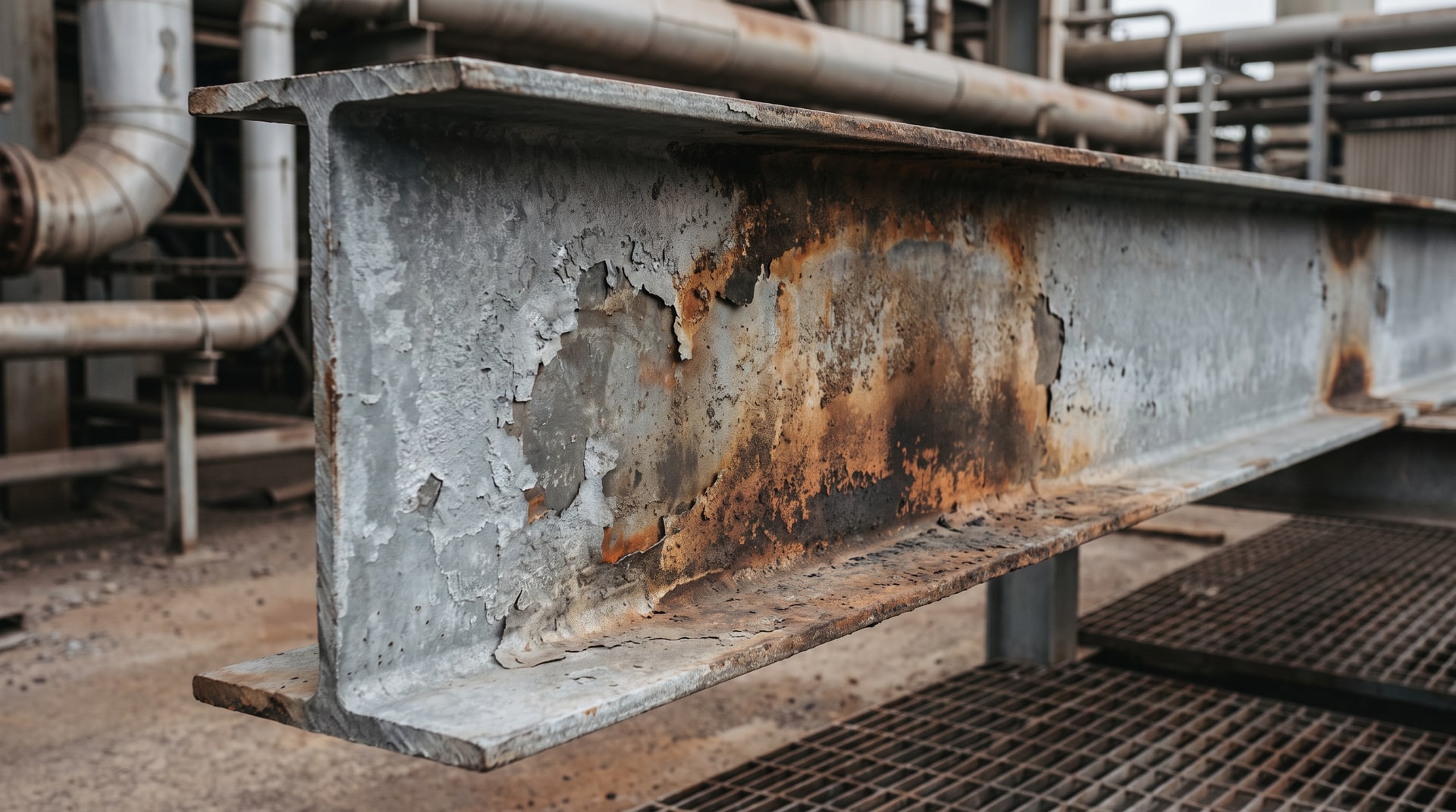 Close-up of a hot-dip galvanized structural steel beam showing surface layer separation and discoloration caused by prolonged high-temperature exposure in an industrial facility.