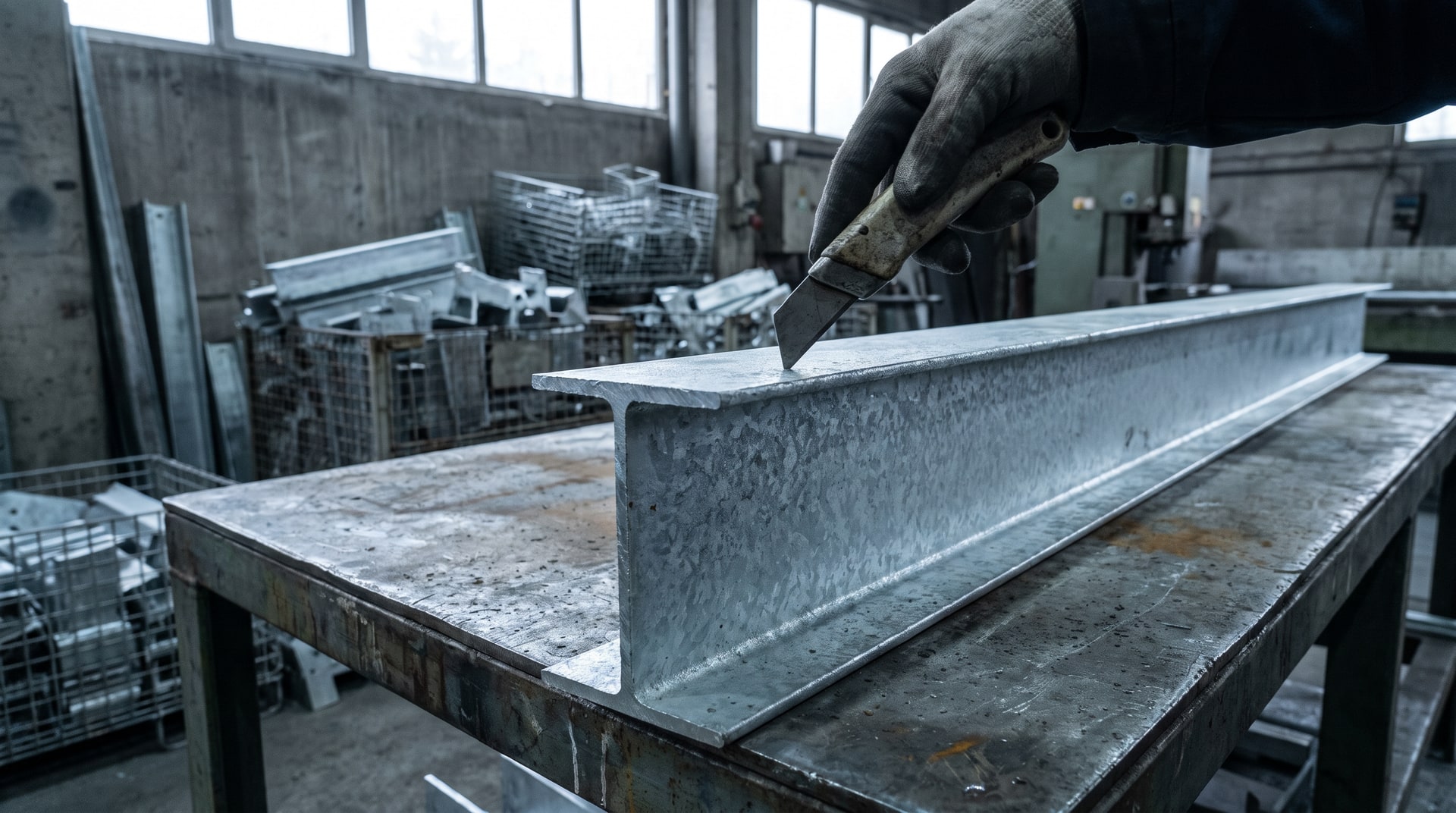 Quality inspector pressing a stout knife blade against a hot-dip galvanized steel structural member on an inspection table inside a galvanizing facility, with zinc-coated steel parts stacked in background.