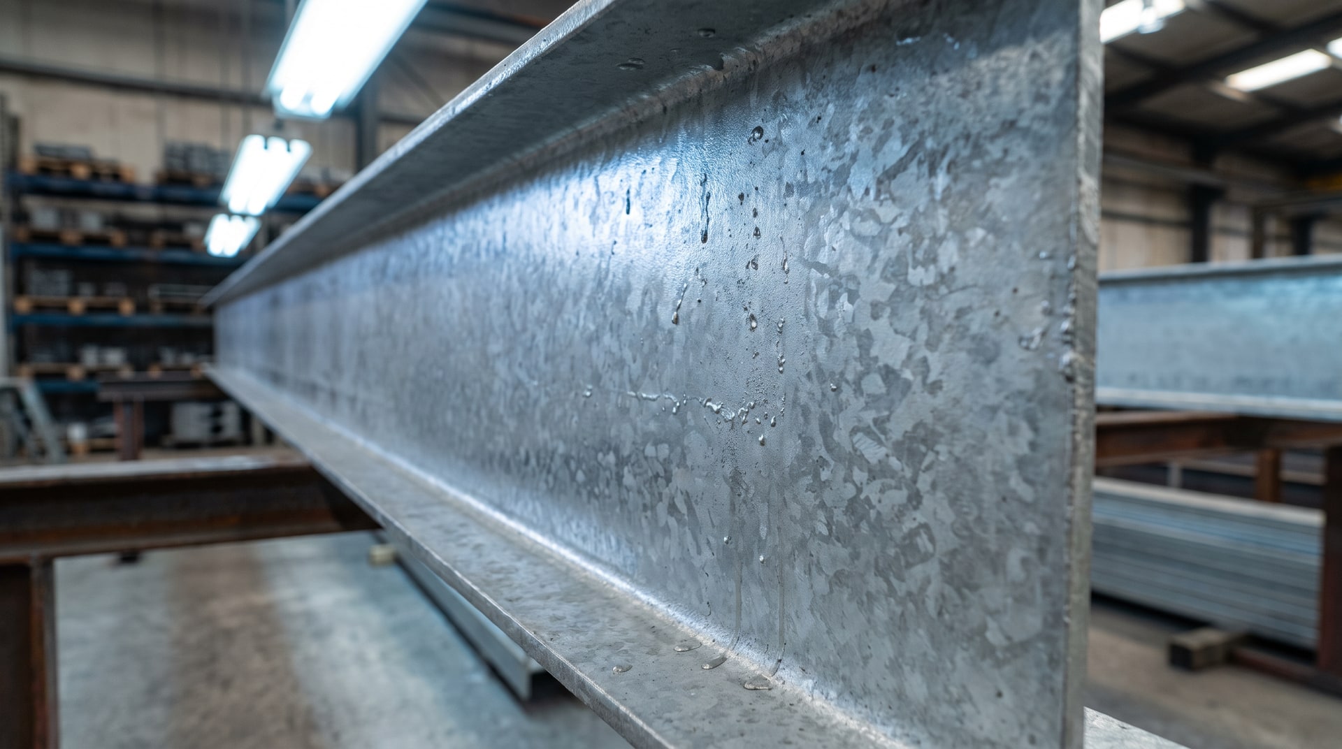 Close-up of a freshly hot-dip galvanized structural steel I-beam showing a smooth, continuous zinc coating surface under bright industrial lighting in a galvanizing plant.