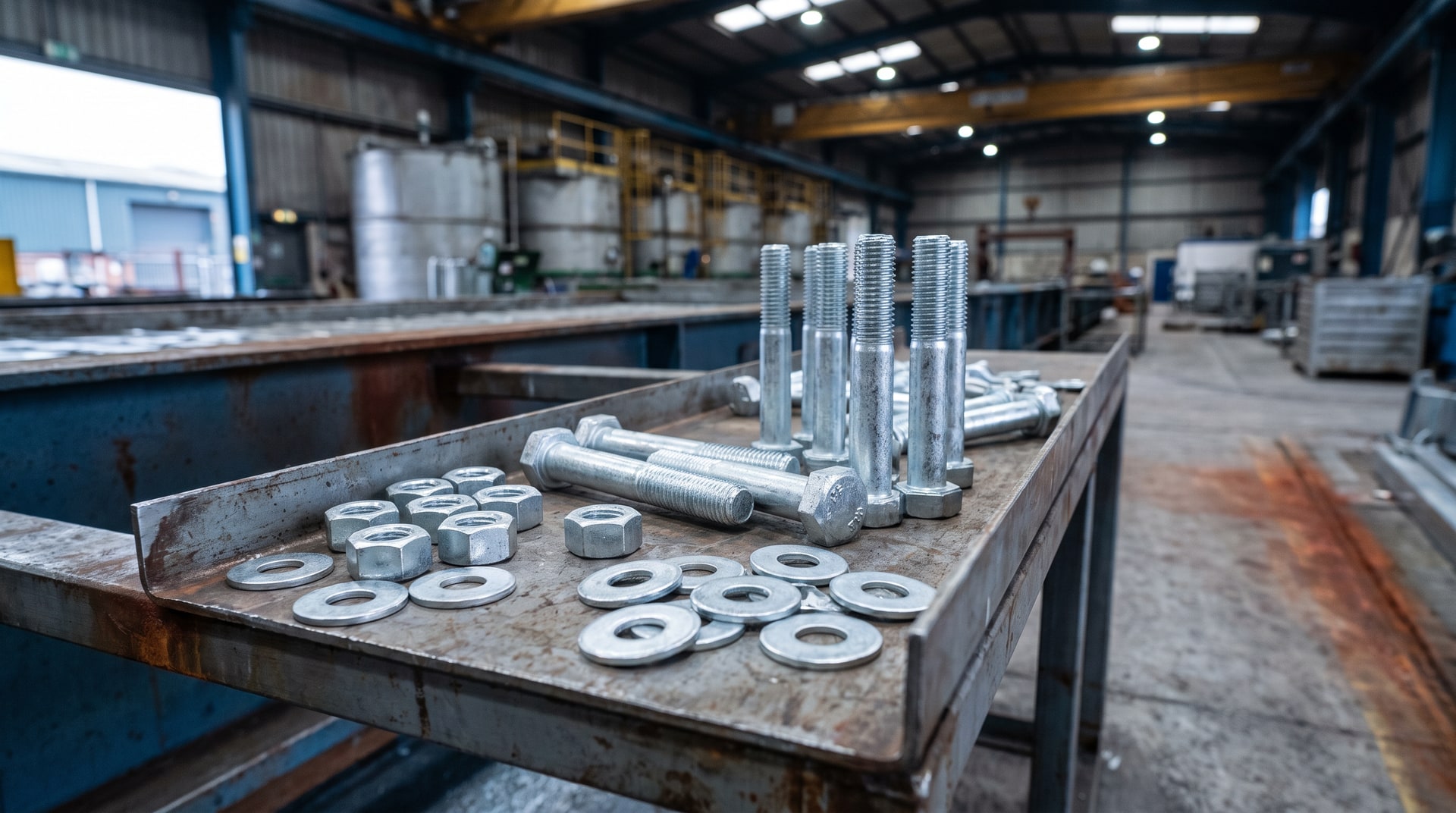 Freshly hot-dip galvanized bolts, nuts, and washers laid out on a steel inspection tray inside a galvanizing plant, showing bright silver zinc coating under industrial lighting.