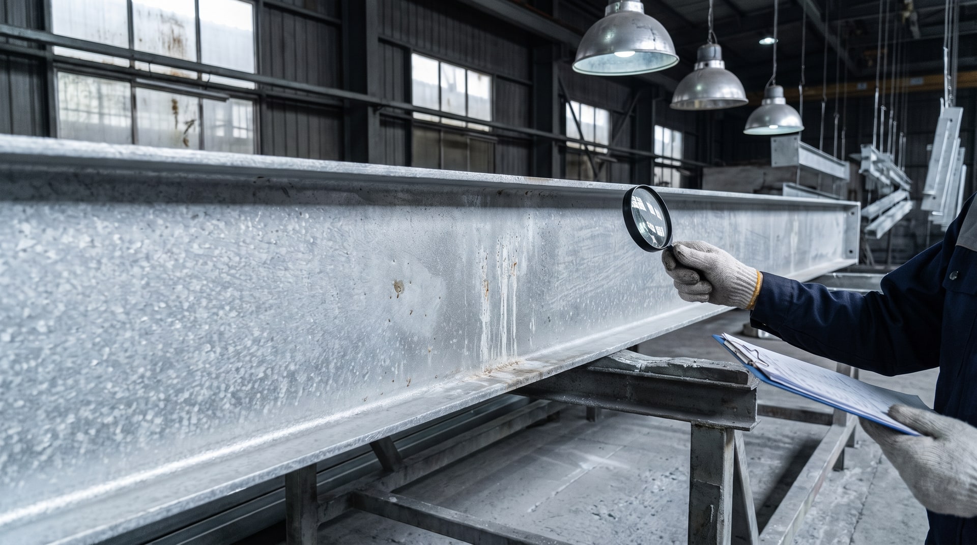 Quality inspector examining the surface finish of a freshly hot-dip galvanized structural steel beam on a rack inside a galvanizing plant, with visible zinc coating and overhead industrial lighting.