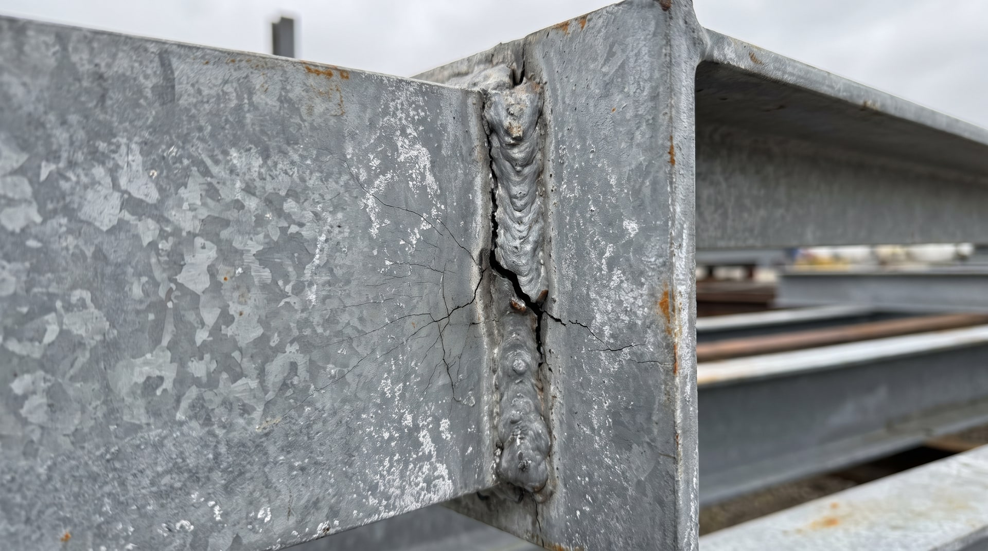 Close-up of a cracked weld seam on a hot-dip galvanized steel structural frame, showing stress fracture lines through the zinc coating at a corner joint.