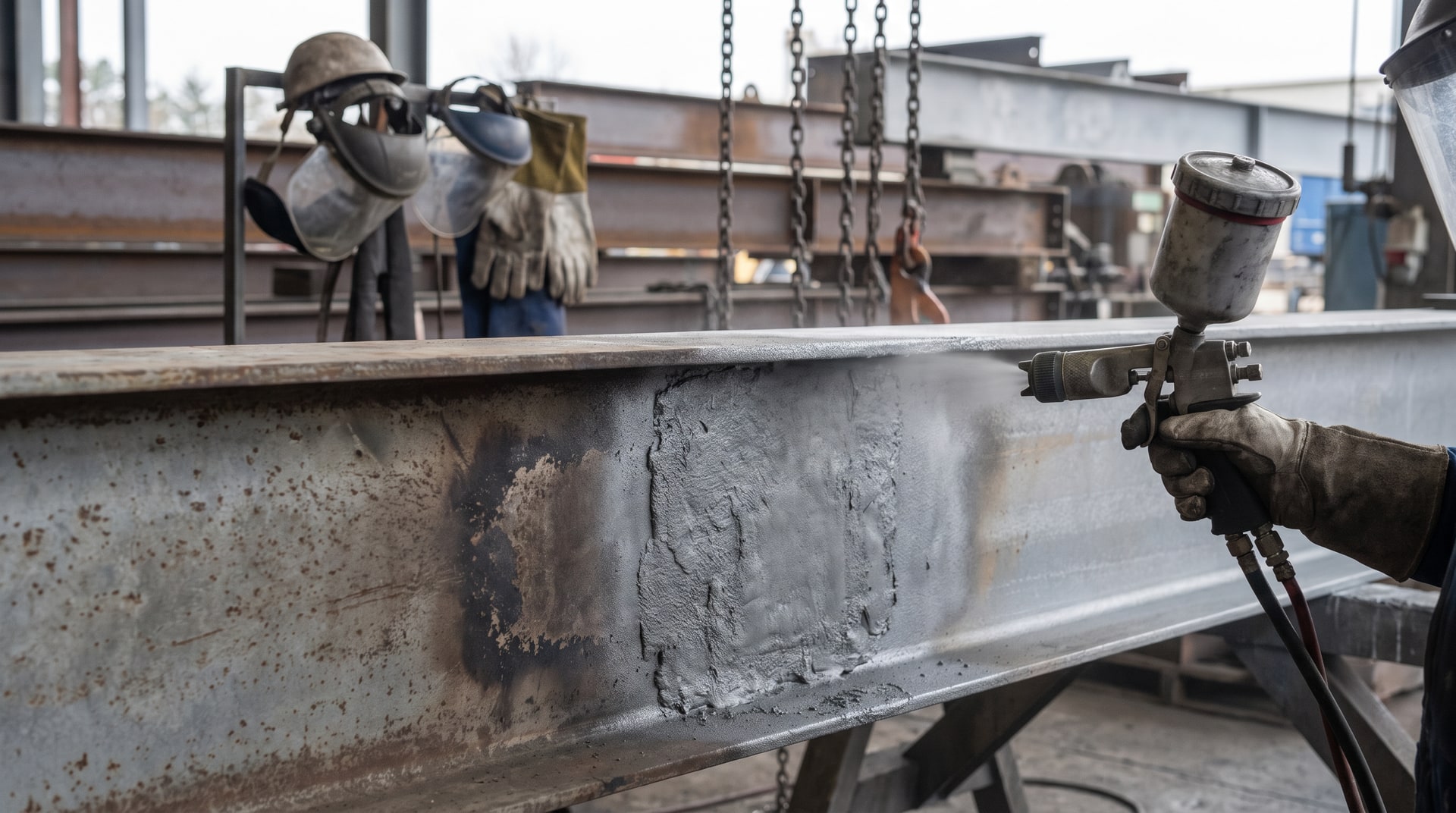 Technician applying zinc metallizing spray to a repaired area on a hot-dip galvanized steel beam inside an industrial galvanizing facility, with protective equipment visible.