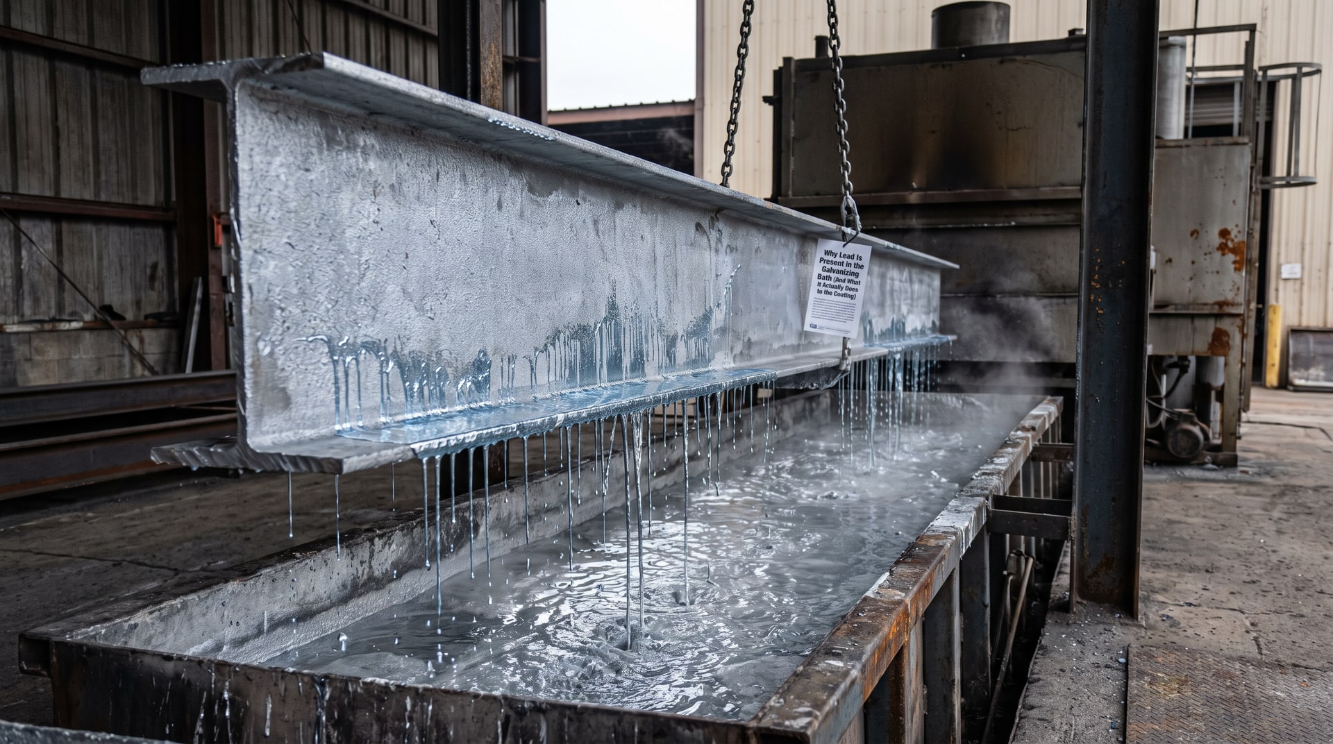 Close-up of a structural steel beam being withdrawn from a molten zinc galvanizing kettle, with zinc draining off the surface in a galvanizing plant.