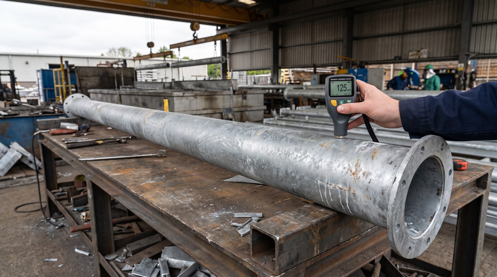 Inspector using a calibrated magnetic coating thickness gauge on a galvanized steel tubular assembly resting on a fabrication table inside a galvanizing plant.
