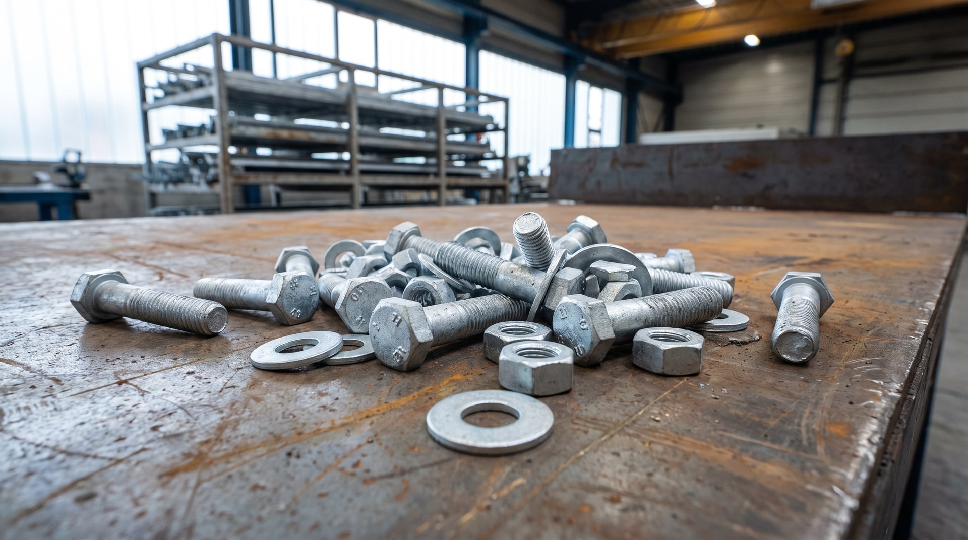 Close-up of hot-dip galvanized hex bolts, nuts, and washers with bright silver-gray zinc coating arranged on a steel work surface inside a galvanizing facility.