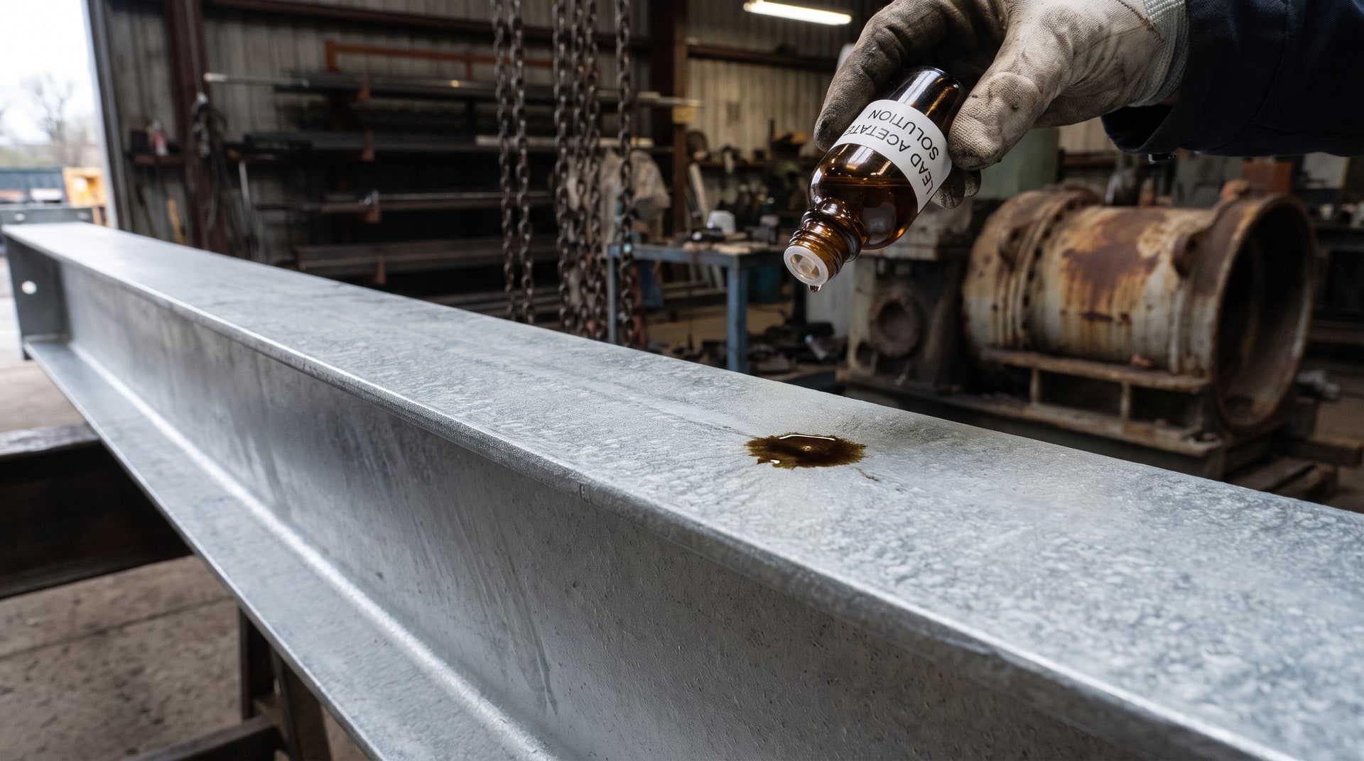 Technician applying a single drop of lead acetate testing solution to the surface of a freshly hot-dip galvanized steel beam in an industrial inspection setting, with a dark stain forming on the zinc surface.