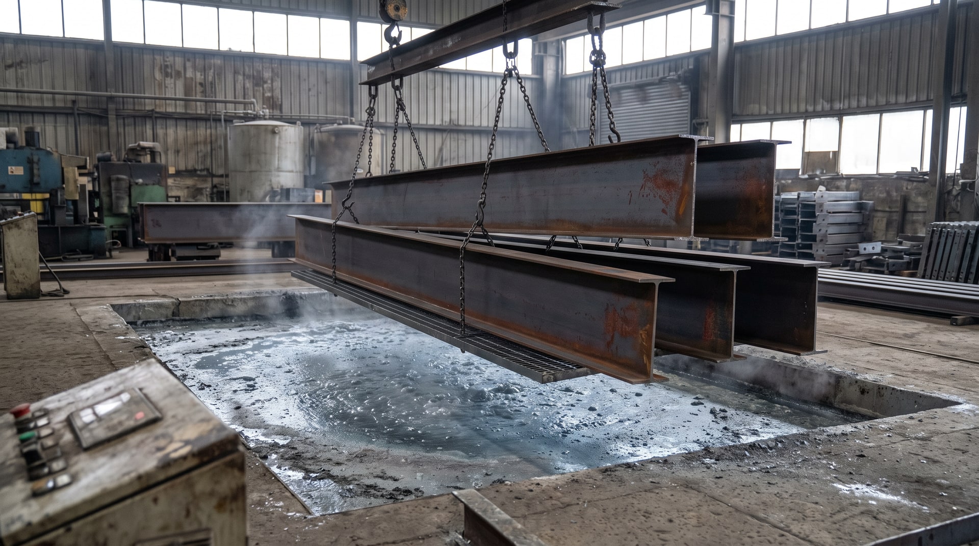 Steel structural components being lowered into a hot-dip galvanizing kettle for regalvanizing after acid stripping, inside an industrial galvanizing plant with visible zinc bath surface.