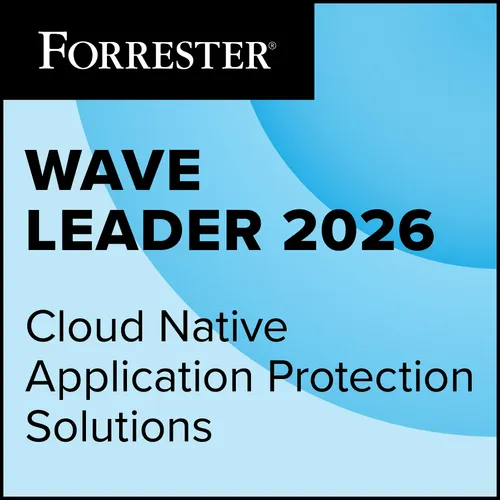 Forrester Wave Leader 2026 for Cloud Native Application Protection Solutions with blue circular gradient background.