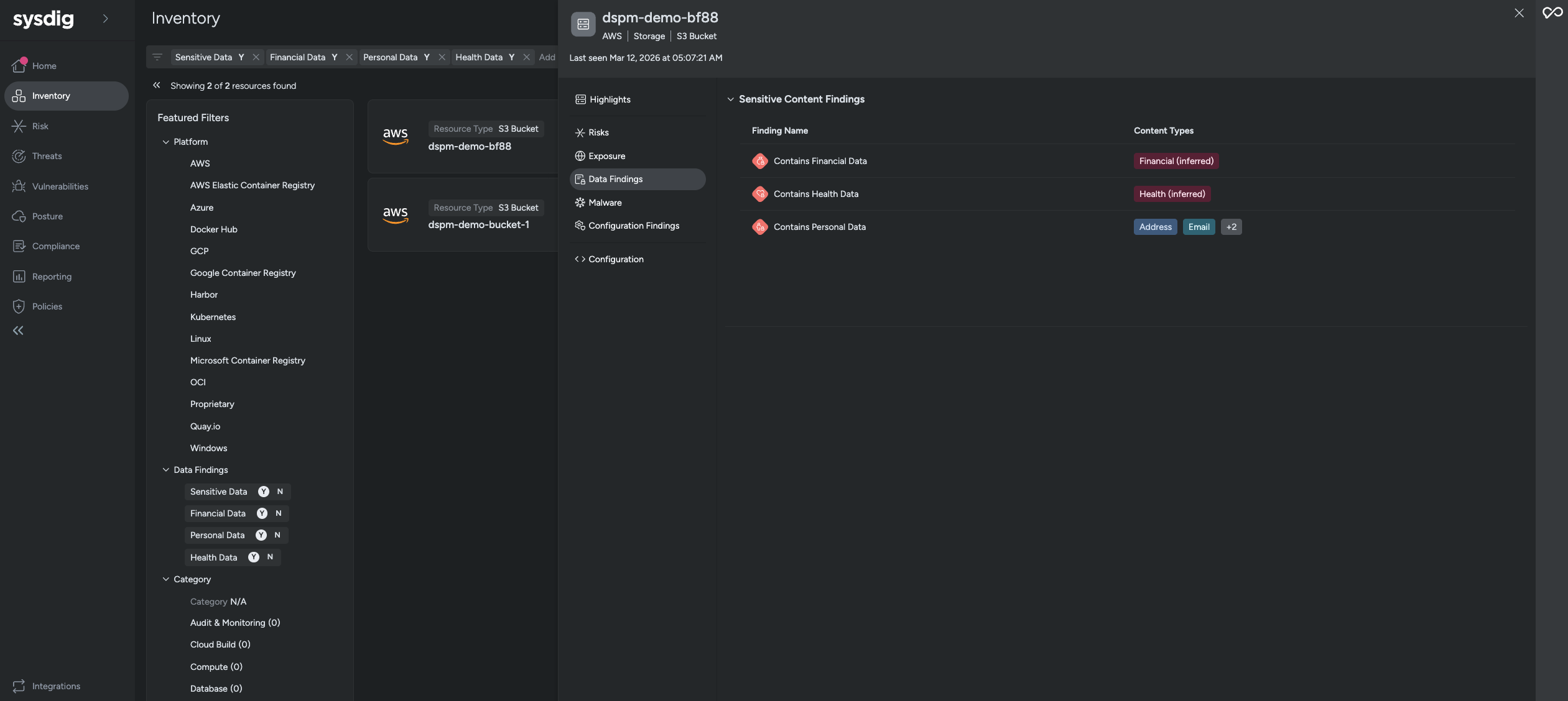 Sysdig Inventory interface showing two AWS S3 buckets with data findings including financial, health, and personal data classification.