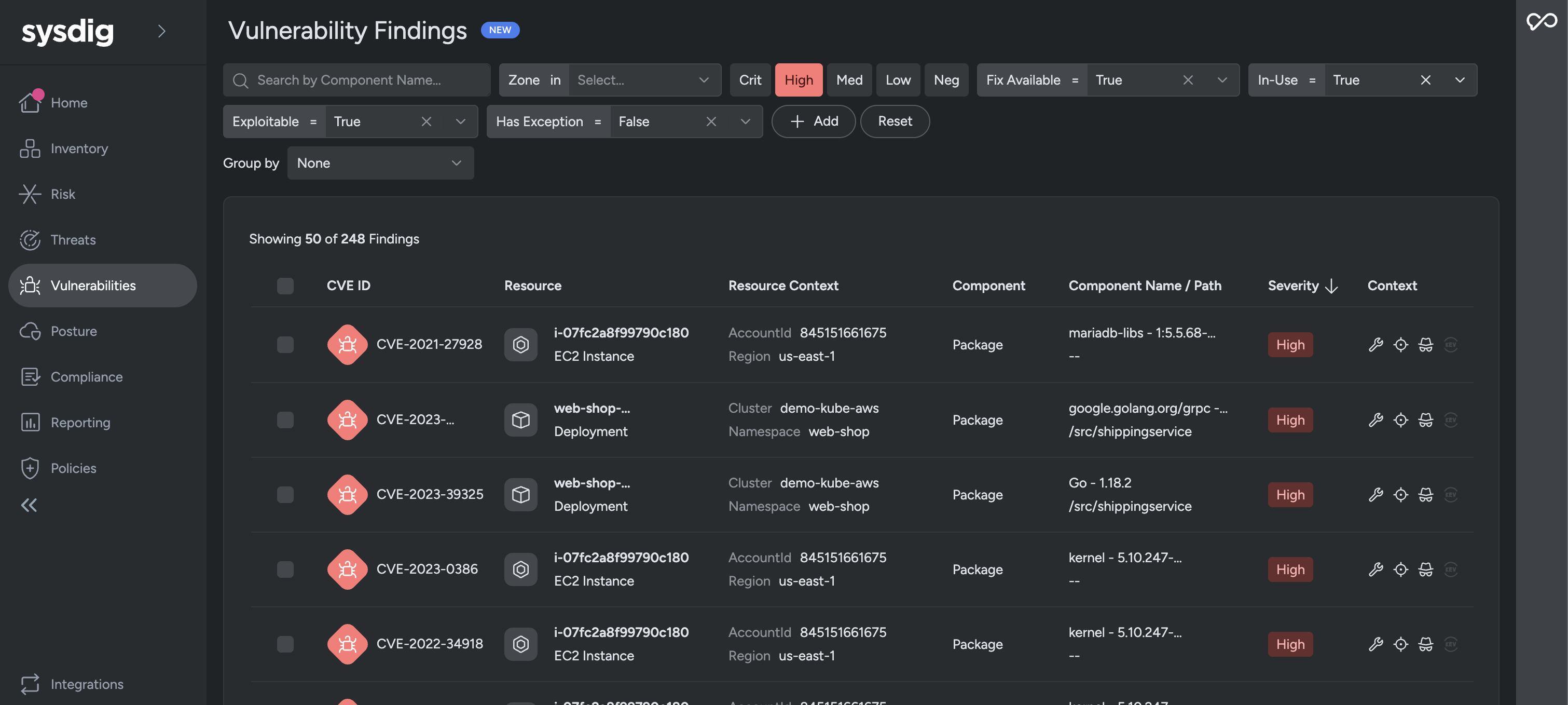 Sysdig Vulnerability Findings dashboard showing a filtered list of high severity exploitable vulnerabilities with details including CVE ID, resource, resource context, component, component name/path, and severity.
