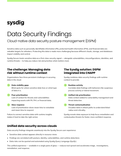 Infographic outlining data security findings in cloud-native data security posture management (DSPM) highlighting challenges like data visibility gaps, poor prioritization, and slow response, alongside the Sysdig DSPM solution with runtime activity, unified risk prioritization, and threat contextualization.