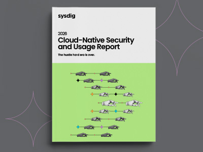 Cover of Sysdig 2026 Cloud-Native Security and Usage Report with stylized black and white animal illustrations on green background.