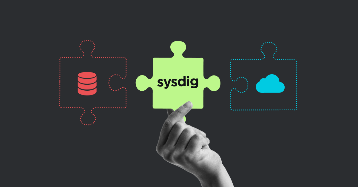 Hand holding a green puzzle piece labeled 'sysdig' connecting a red database icon puzzle piece and a blue cloud icon puzzle piece.