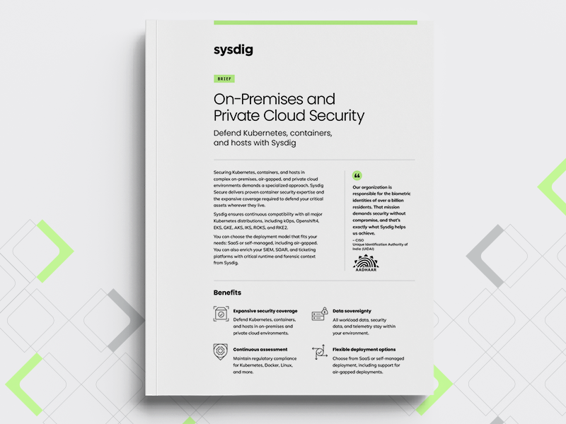 Sysdig brief titled 'On-Premises and Private Cloud Security' outlining protection for Kubernetes, containers, and hosts with benefits like expansive security coverage, data sovereignty, continuous assessment, and flexible deployment options.