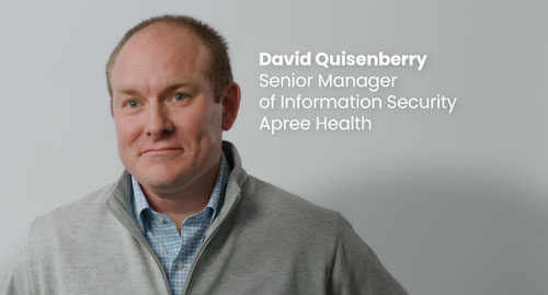 Video thumbnail featuring David Quisenberry, Senior Manager of Information Security at Apree Health, shown against a light gray background in a customer testimonial for Sysdig.