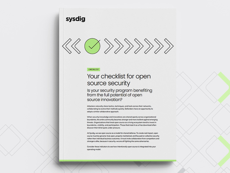 Sysdig checklist cover titled 'Your checklist for open source security' with the subtitle 'Is your security program benefiting from the full potential of open source innovation?' on a white background with a green checkmark icon, chevron accents, and gray and green geometric design elements.