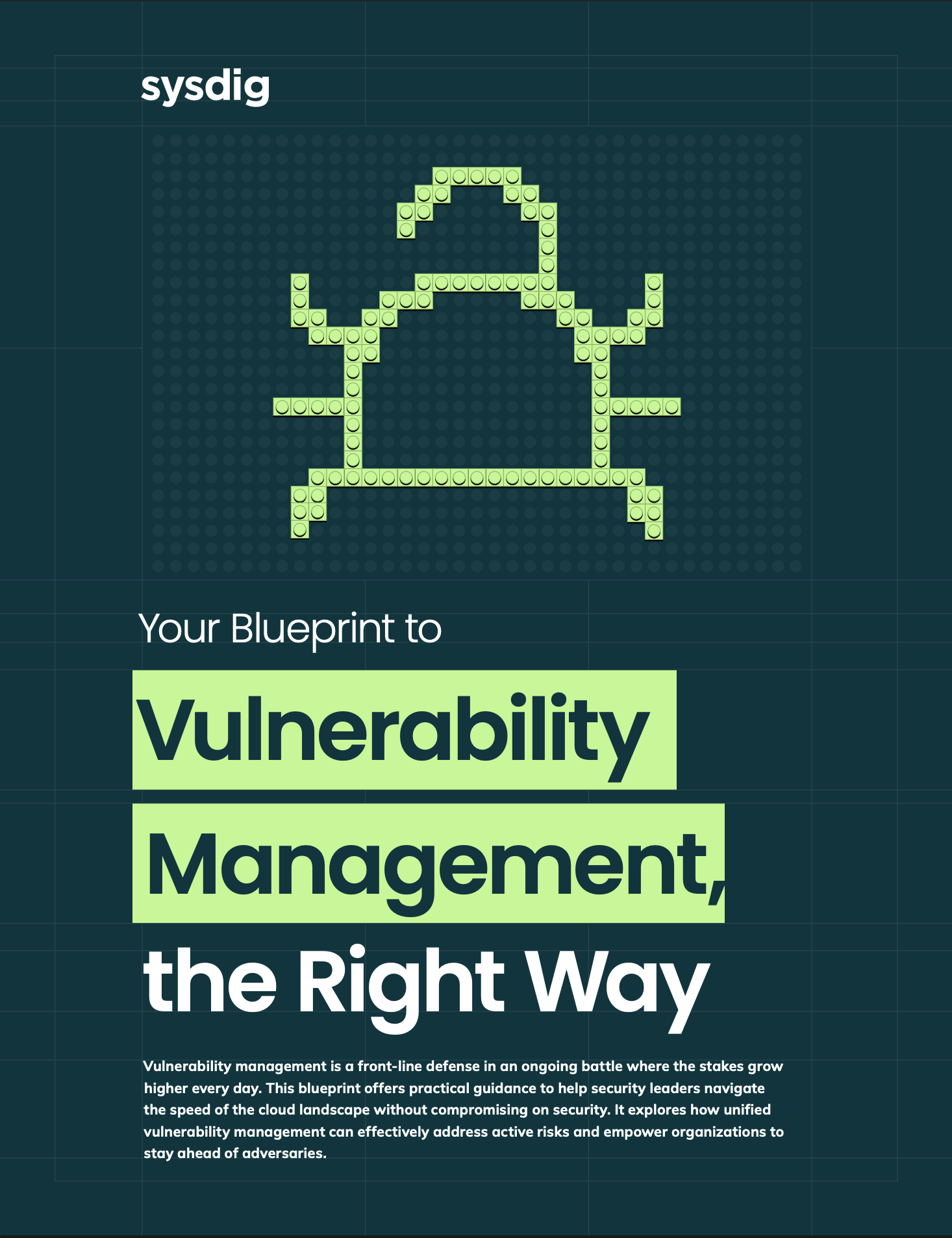 Sysdig's blueprint cover for vulnerability management with a bug icon made of green blocks.