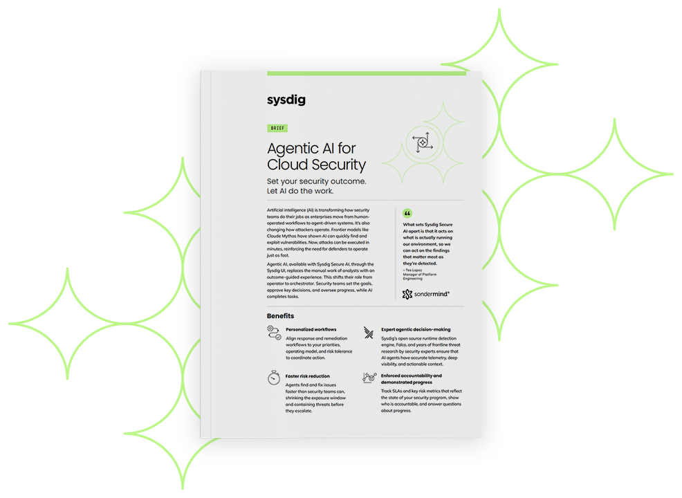 Cover of the Sysdig brief 'Agentic AI for Cloud Security' surrounded by green sparkle shapes
