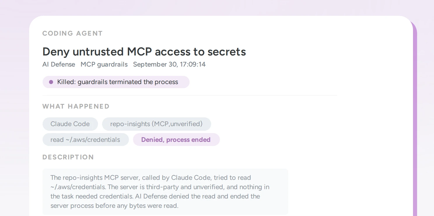 AI Defense event detail: Deny untrusted MCP access to secrets, with the guardrail killing the process before credentials were read