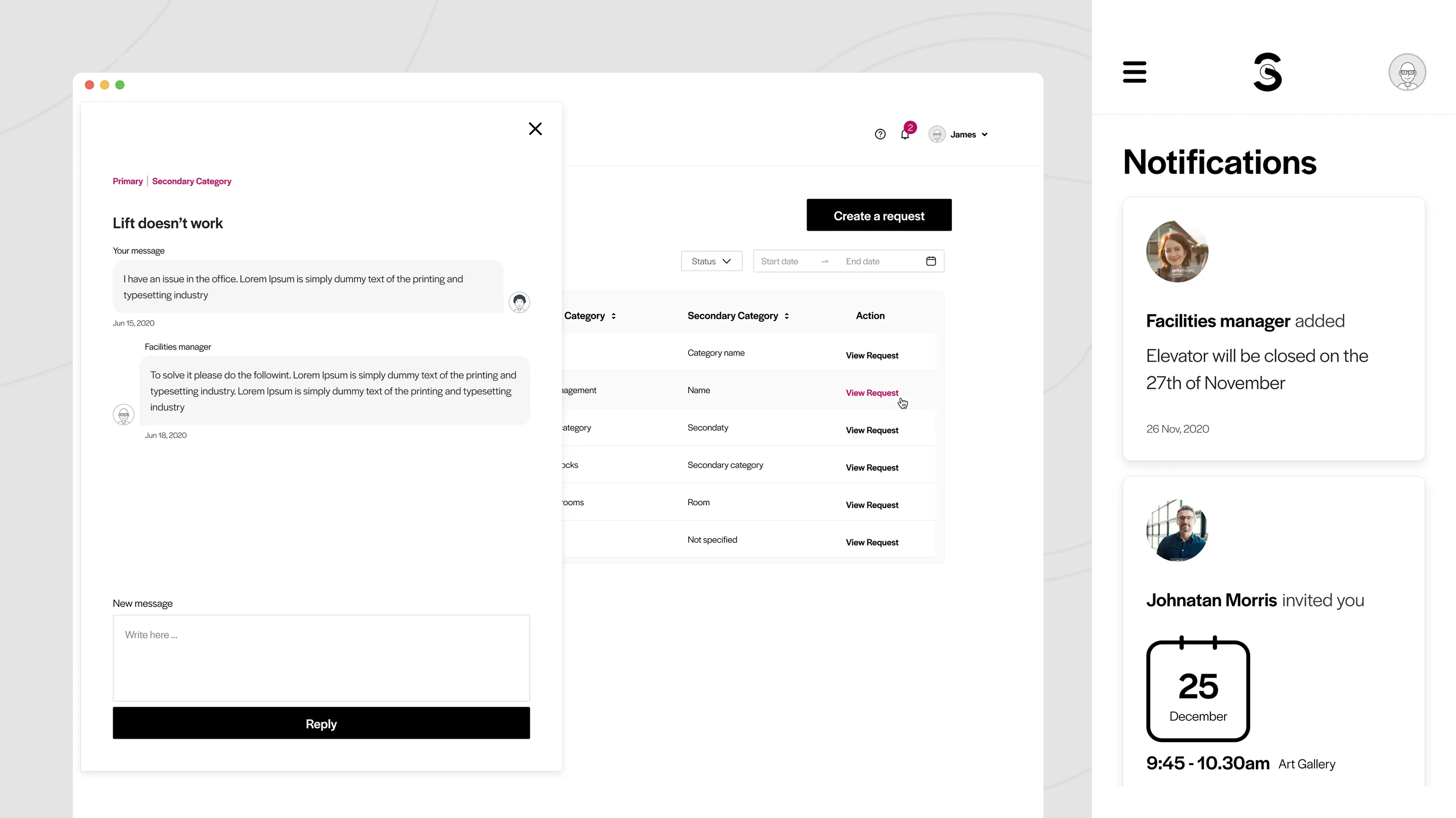 Workspace support UI showing a help request conversation, system notification, and a calendar event invite