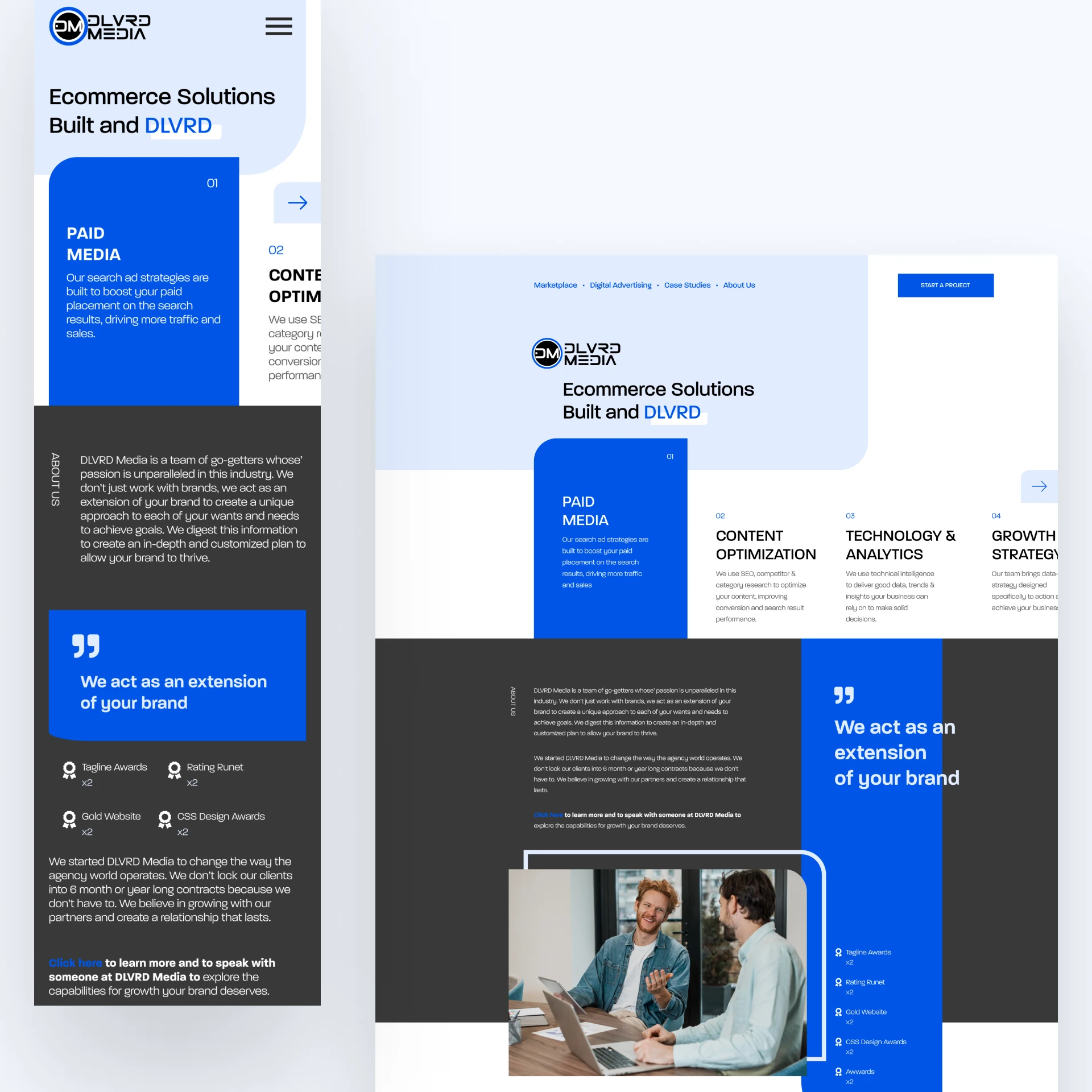 Comparison of DLVRD Media homepage layout on mobile and desktop screens, emphasizing responsive web design