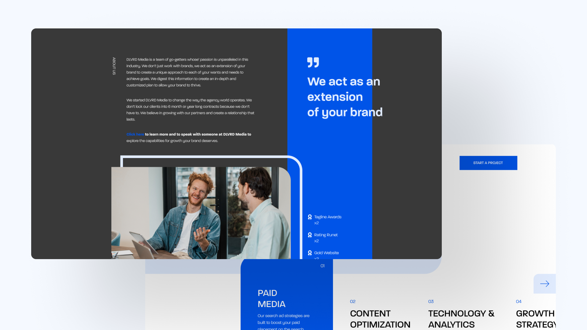 Quote from DLVRD Media team next to a photo of two team members, positioned beside service navigation and client CTA