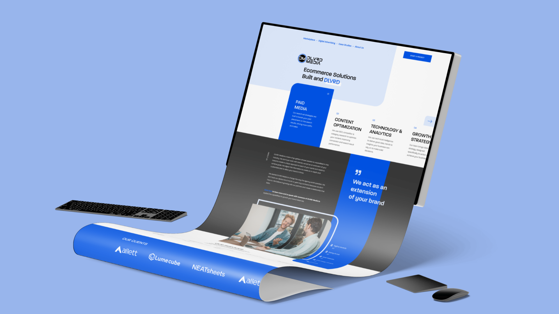 Mockup of DLVRD Media’s eCommerce website flowing from a desktop screen, showcasing service offerings and client logos