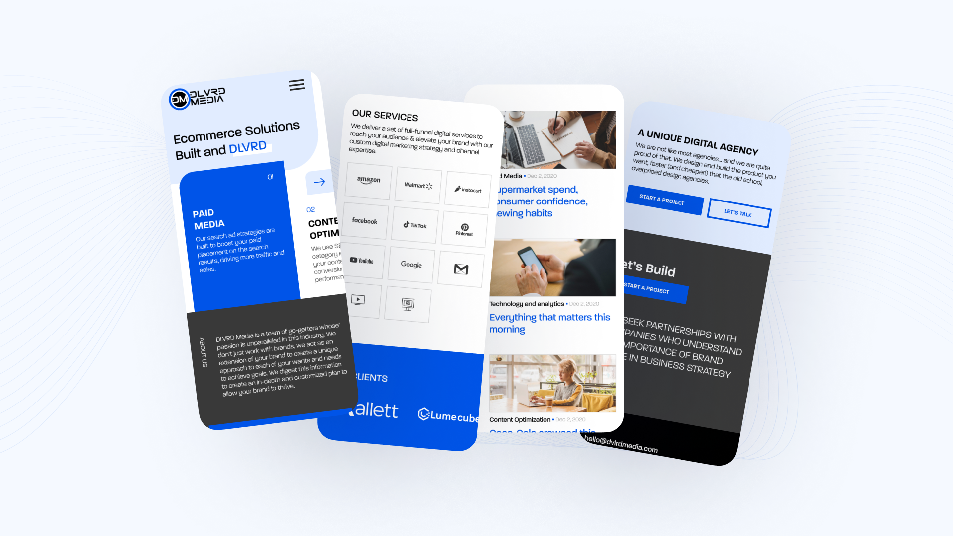 Four mobile views of DLVRD Media website showing services, digital channels, insights, and a call-to-action for project inquiries