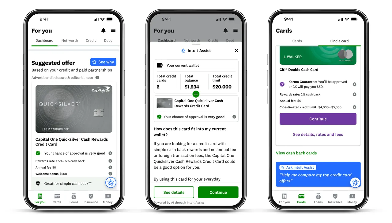 Mobile screens showing credit card recommendations and approval odds with AI-powered financial insights.