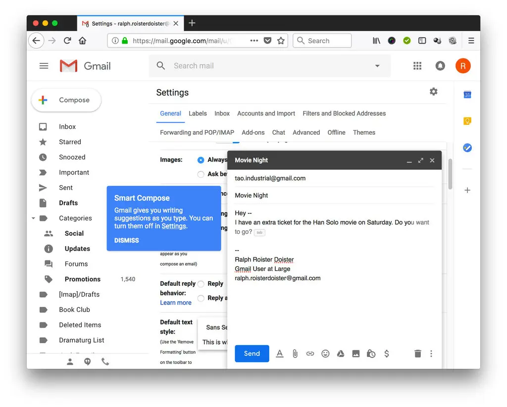 Gmail interface showing Smart Compose suggestions while drafting an email, with an explanation tooltip.