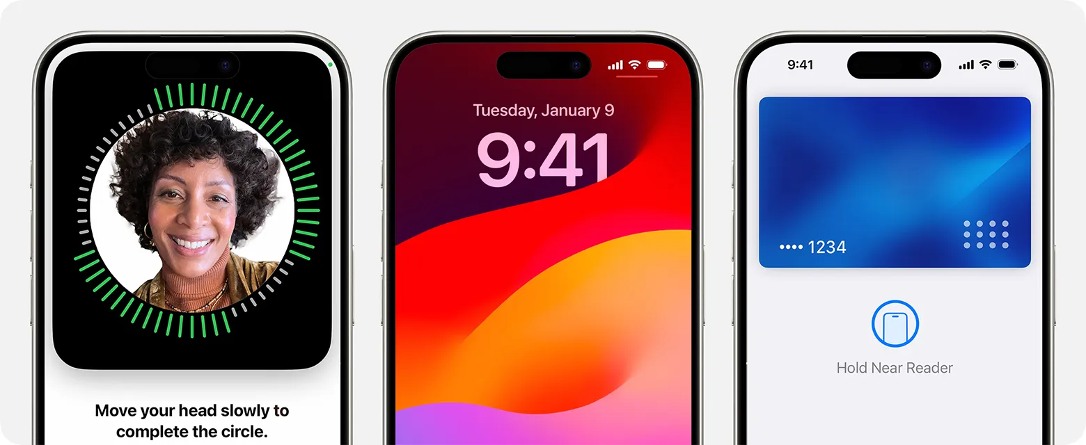 Three iPhones showing Face ID setup, home screen, and Apple Pay with a contactless payment prompt.
