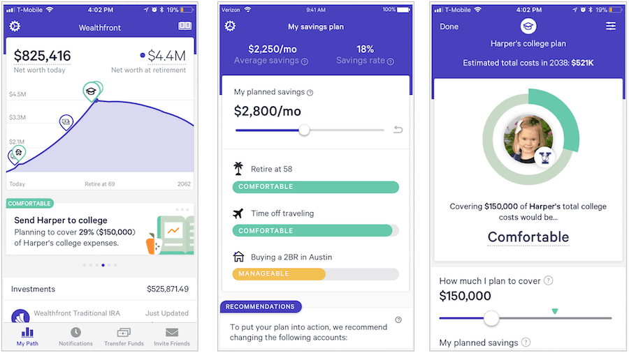 Wealthfront mobile screenshot showing a projected investment growth curve with color-coded risk levels and adjustable savings sliders.